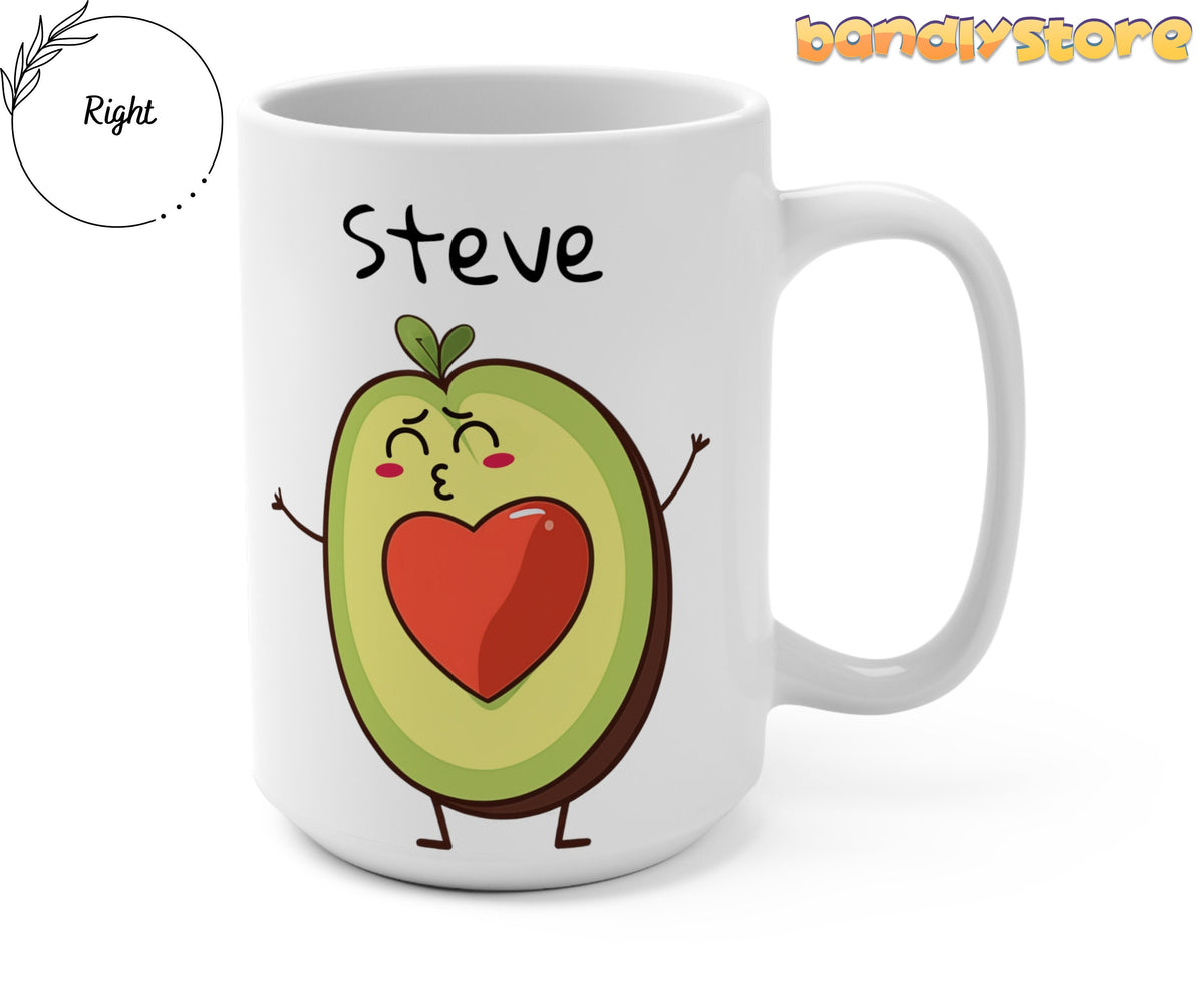 Cute Avocado Couples Mug on white background angled to show right handle and Steve avocado design.