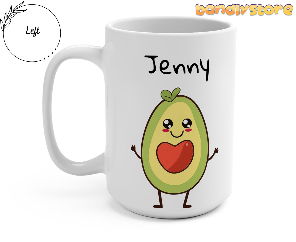 Cute Avocado Couples Mug angled view with left handle against plain background showing avocado character Jenny.