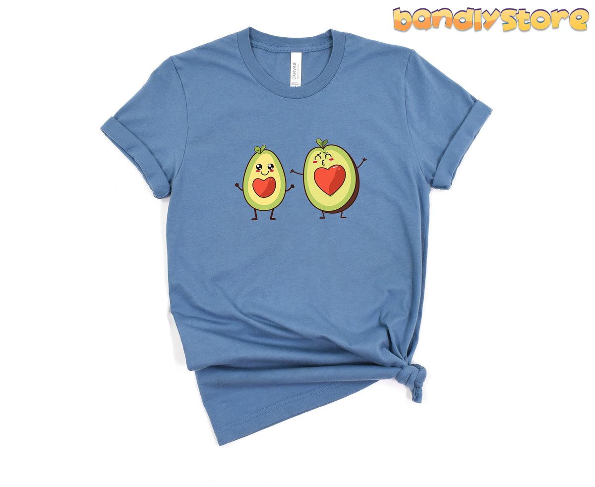 Cute Avocado Love T-Shirt in steel blue laid flat from the front on a plain white background.