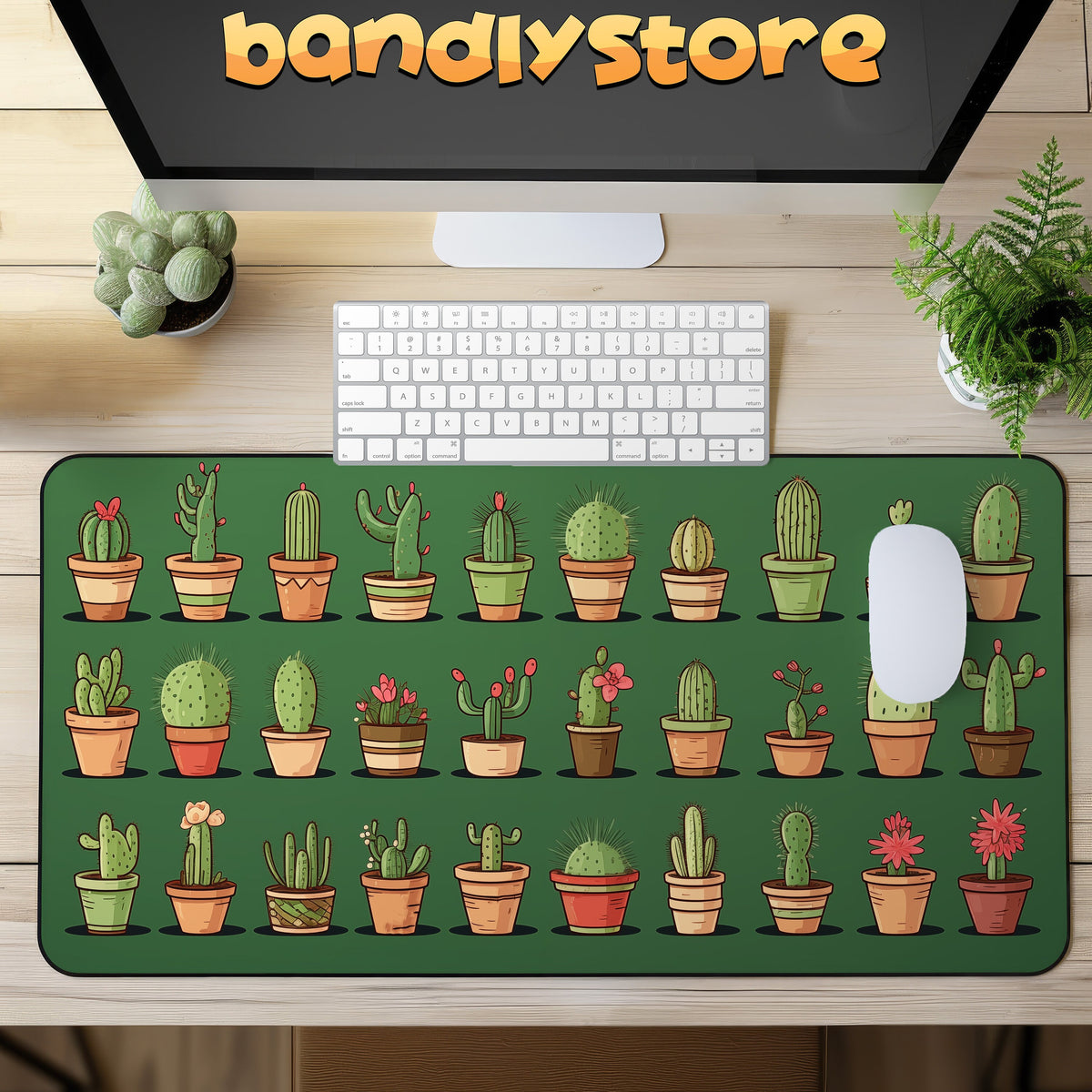Cute Cacti Desk Mat on wooden desk in overhead view with monitor, keyboard, mouse and side plants.