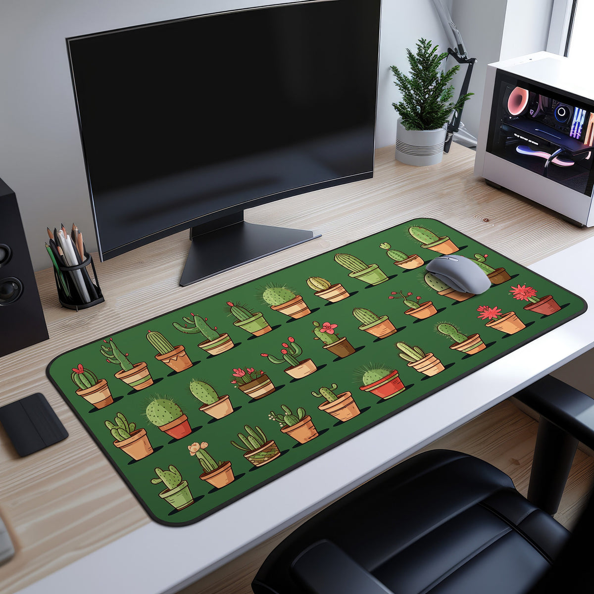 Cute Cacti Desk Mat on a wooden desk in front of a monitor with mouse, plant and PC nearby.