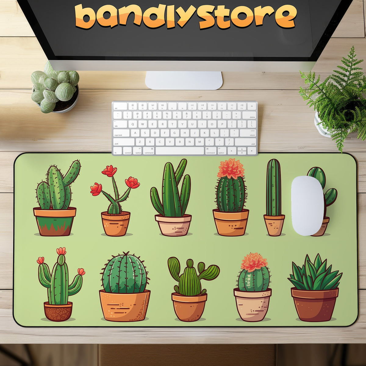 Cute Cactus Desk Mat in overhead view on a wooden desk with keyboard, mouse, monitor and plants.