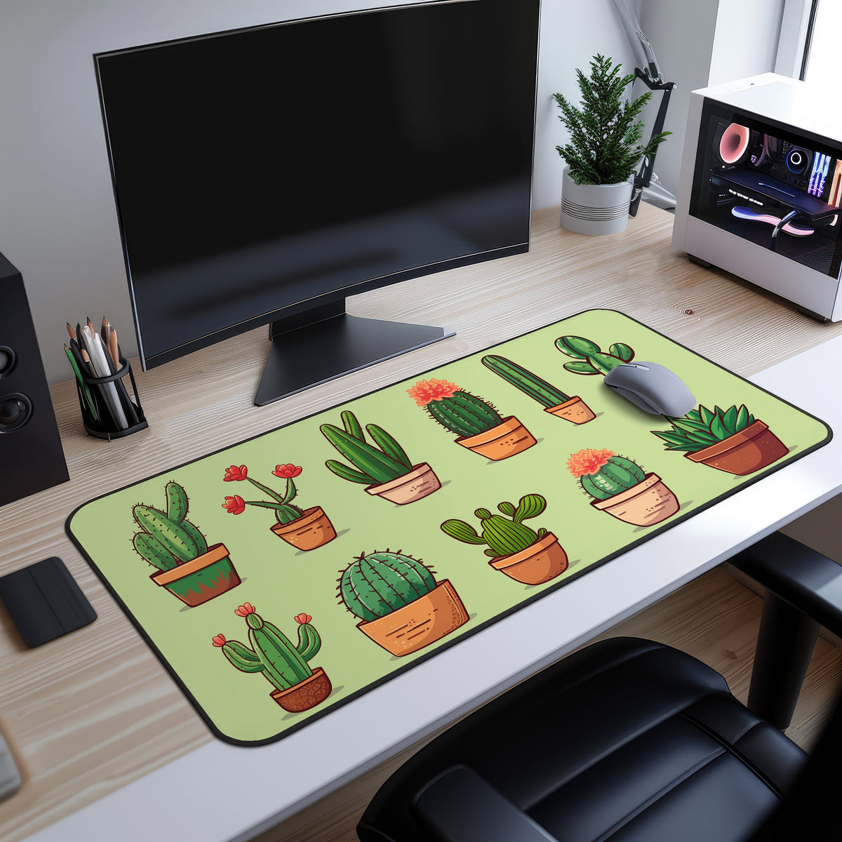 Cute Cactus Desk Mat on a wooden desk below a monitor, grey mouse on it beside plant and PC case.