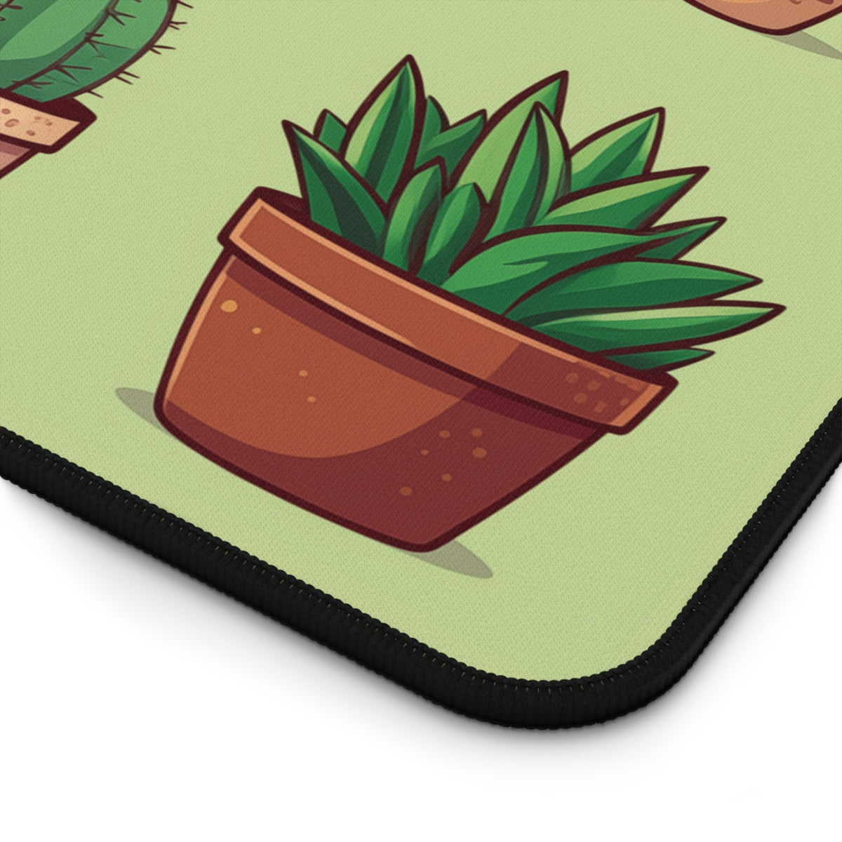 Cute Cactus Desk Mat detail close-up of cartoon potted green plant on light green surface with black stitched edge.