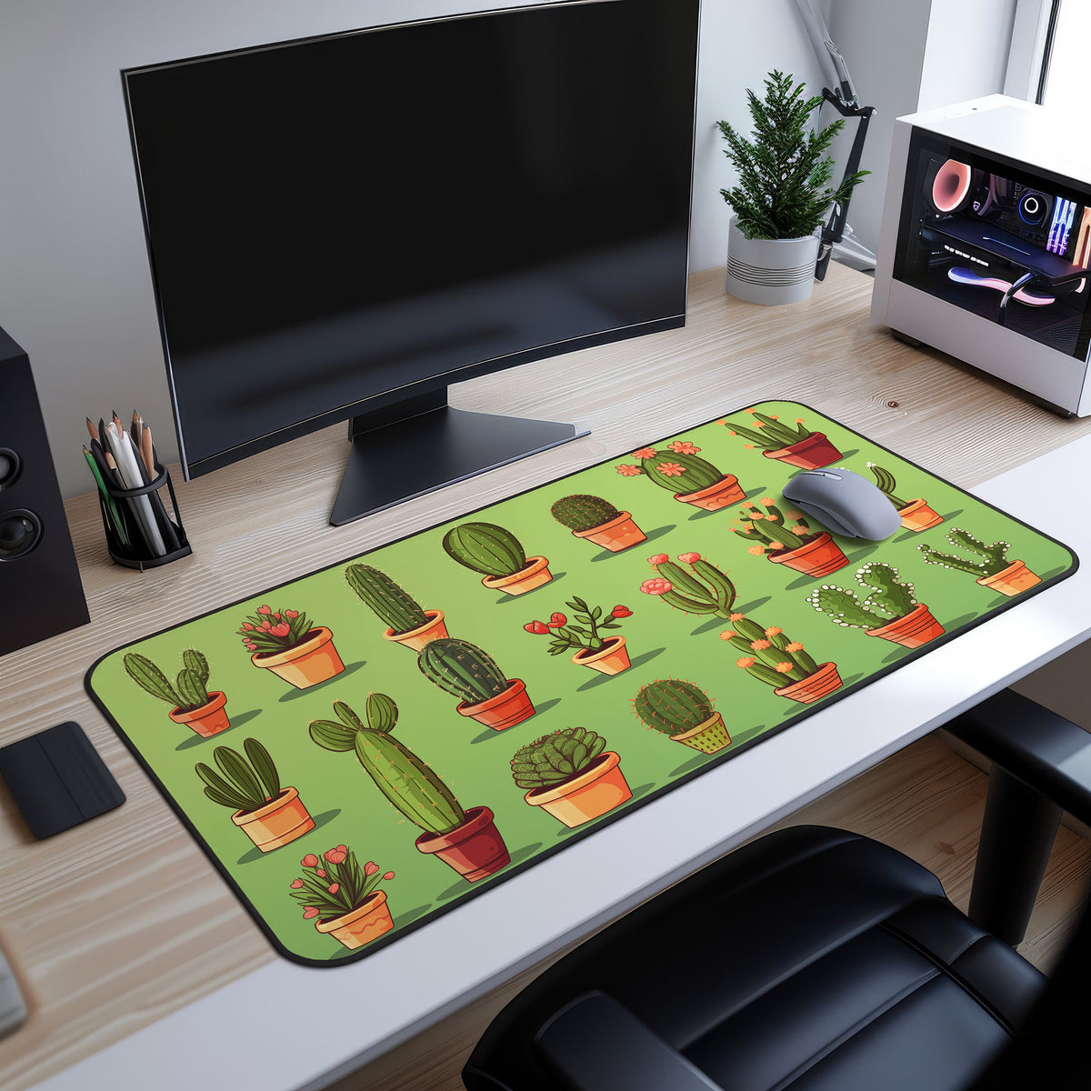 Cute Cactuses Desk Mat on a wooden desk under a monitor, mouse on it, PC and plant nearby.
