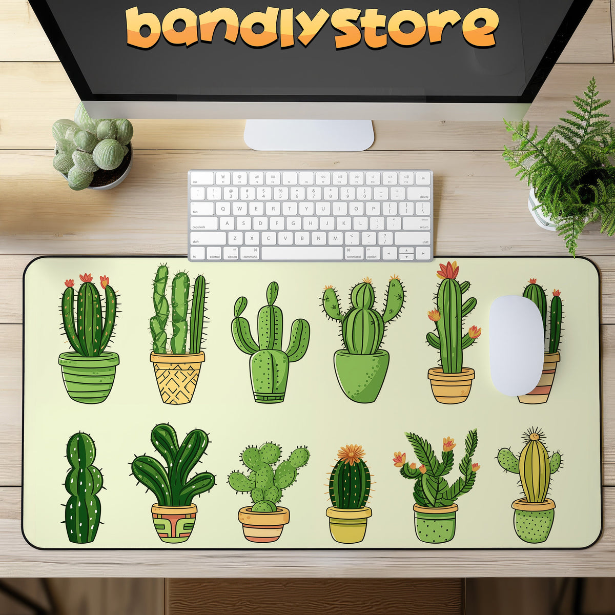 Cute Cartoon Cactus Desk Mat in top-down view on a wooden desk with keyboard, mouse, logo monitor and plants.