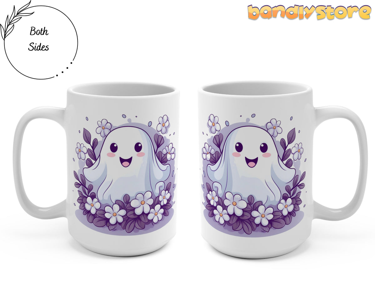 Cute Flower Ghost Mug two 15oz side by side on plain white background in front views with Both Sides label.