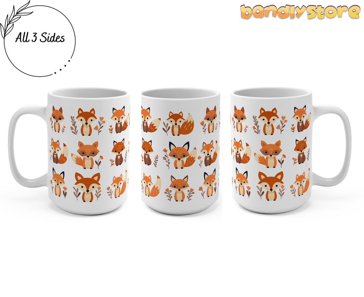 Cute Foxes Mug shown in 15oz size from three angles, white ceramic covered in repeating orange foxes and small florals.
