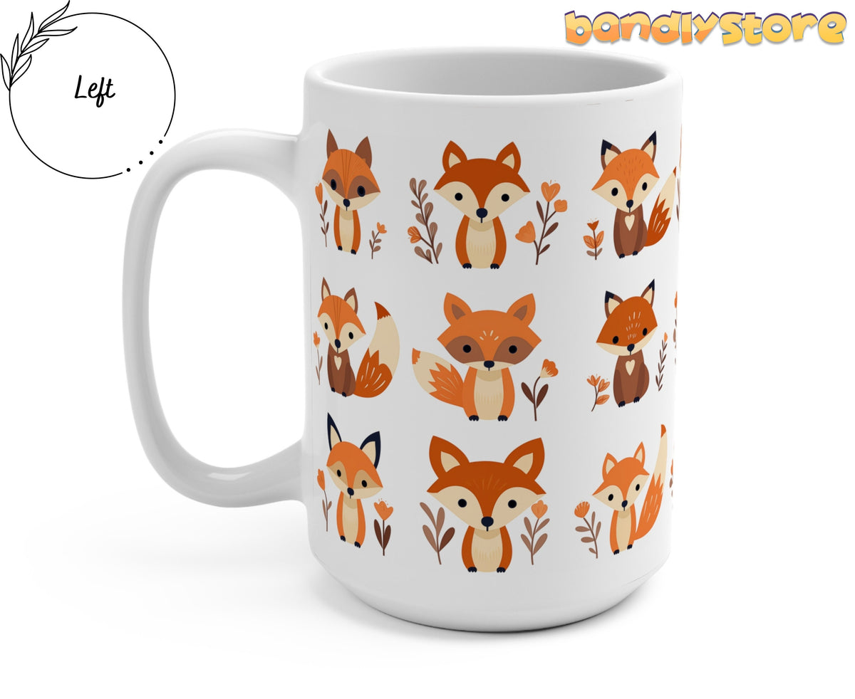 Cute Foxes Mug angled on white background with left-side handle beside a Left circle label.