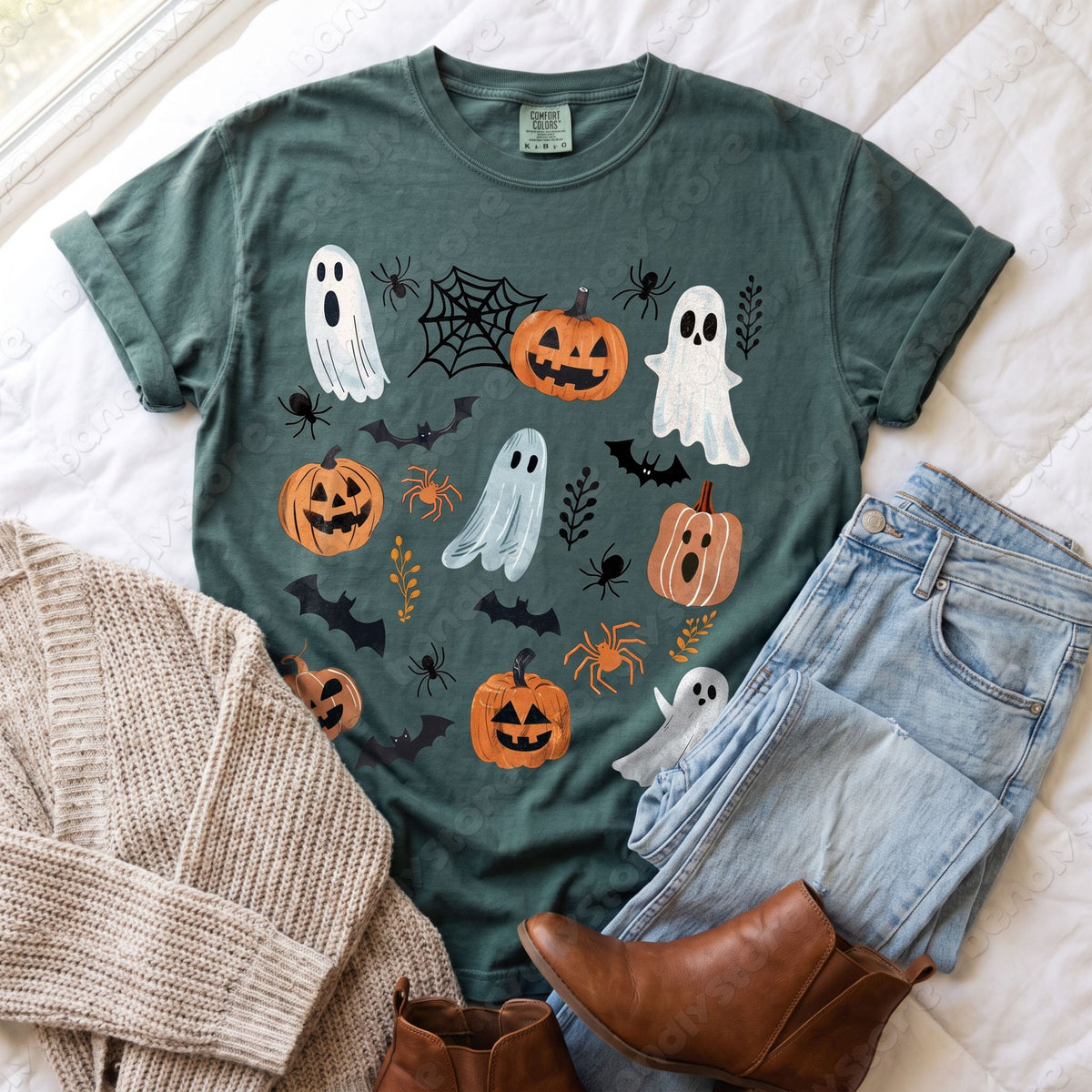 Cute Spooky Ghosts Pumpkins T-Shirt in Blue Spruce, flat-laid on a white quilt with jeans, sweater and brown boots.