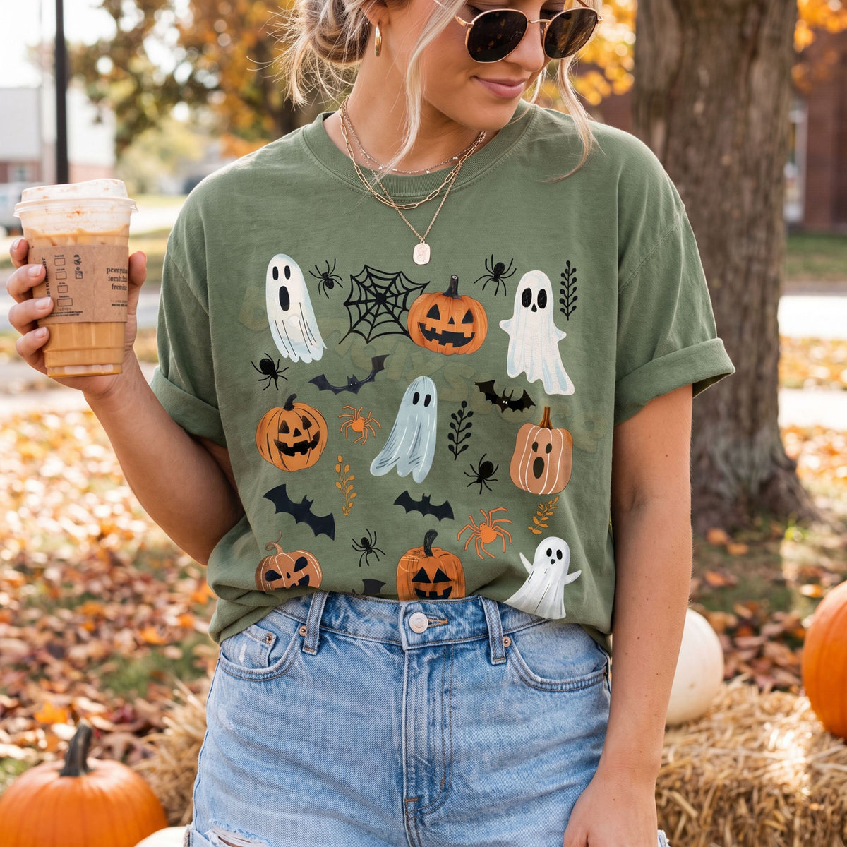 Cute Spooky Ghosts Pumpkins T-Shirt in moss on a woman holding a drink outdoors amid fall leaves and pumpkins.