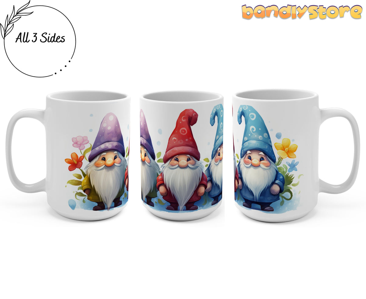 Cute Gnomes Mug shown in three angled views on a plain background as 15oz.