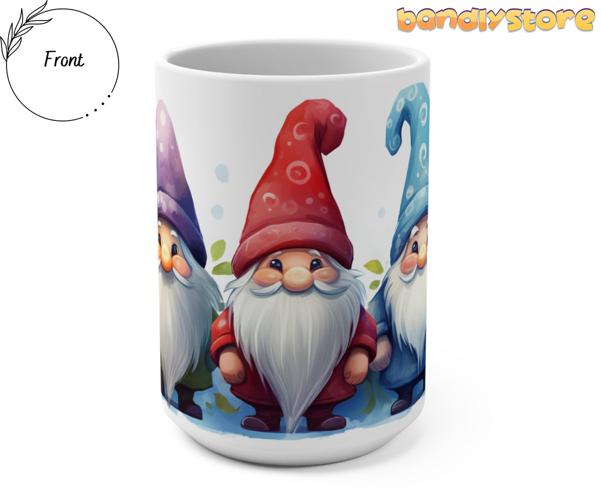 Cute Gnomes Mug front view on plain white background with three gnomes.
