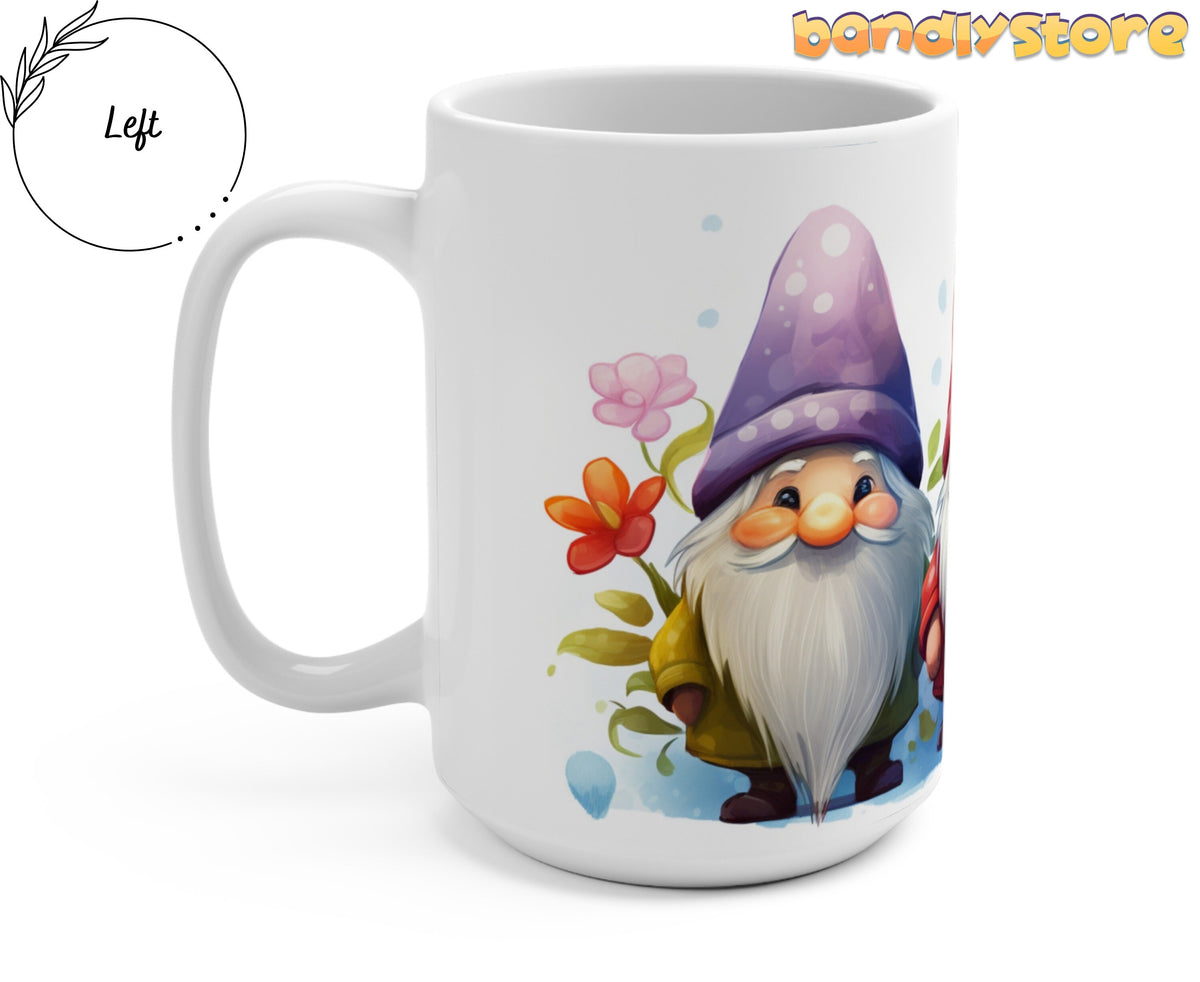 Cute Gnomes Mug angled on plain background with left handle and gnome design visible