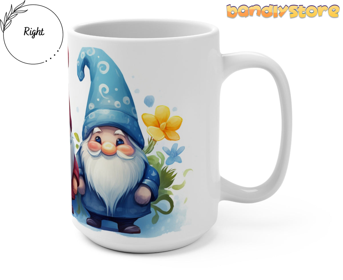 Cute Gnomes Mug white mug angled with handle at right on plain background showing blue gnome and yellow flowers.