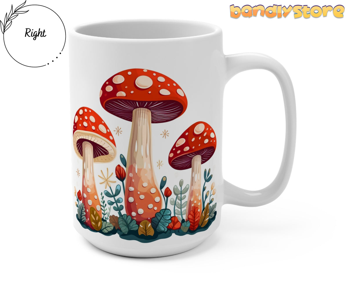 Cute Mushroom Mug shown from the right on a white mug with three red-capped mushrooms and autumn leaves.