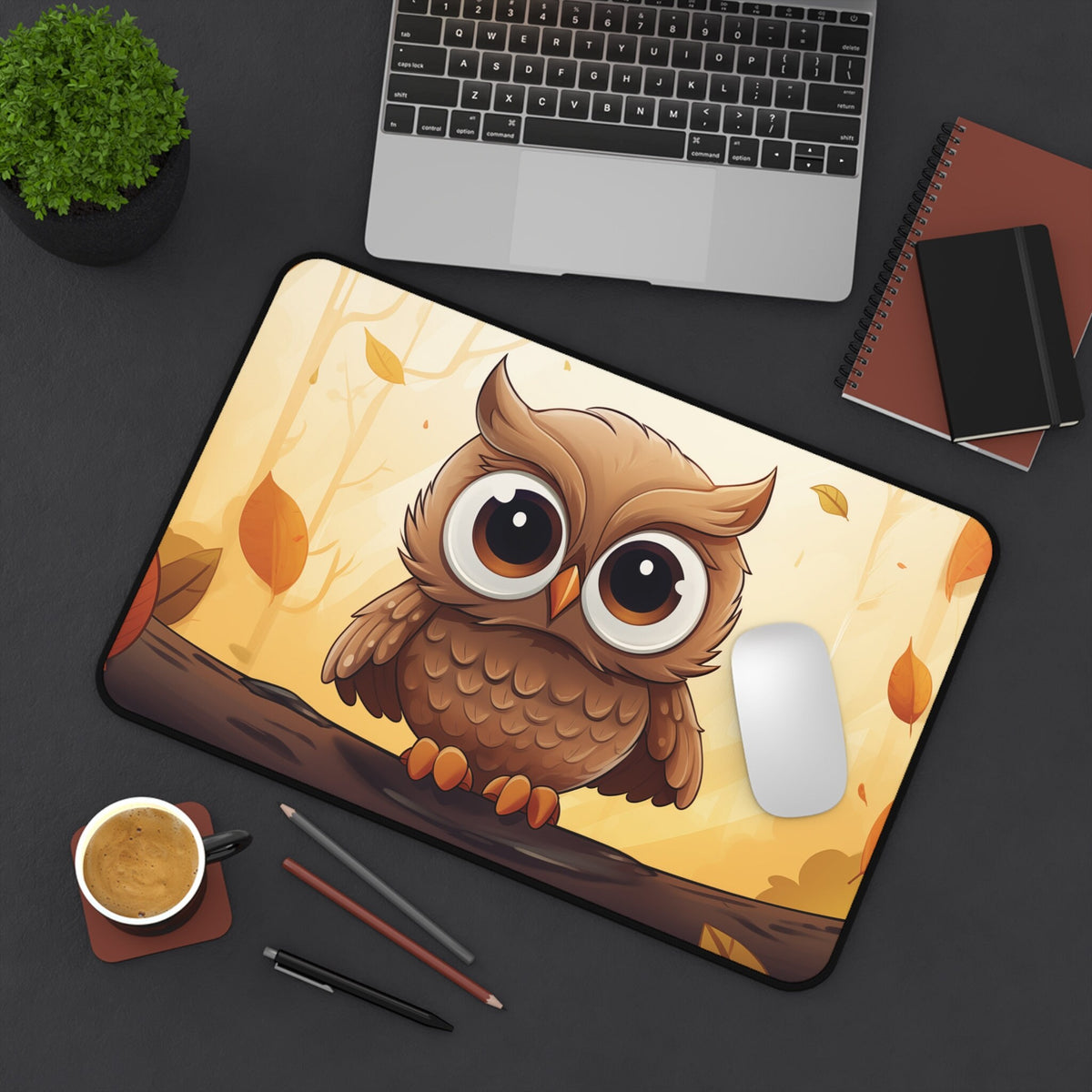 Cute Owl Autumn Desk Mat 12 × 18 inches top-down on a desk with laptop, plant, coffee, pens, notebooks and mouse.