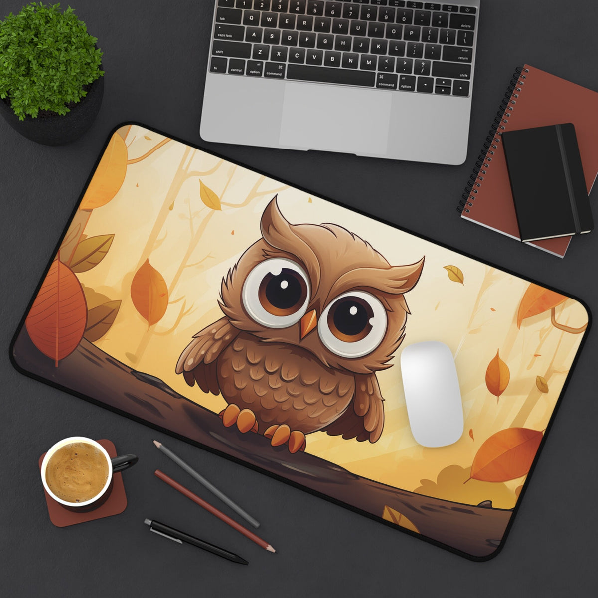 Cute Owl Autumn Desk Mat in top-down view on a desk with laptop, plant, notebooks, coffee, pens and mouse, 12 × 22 inches.