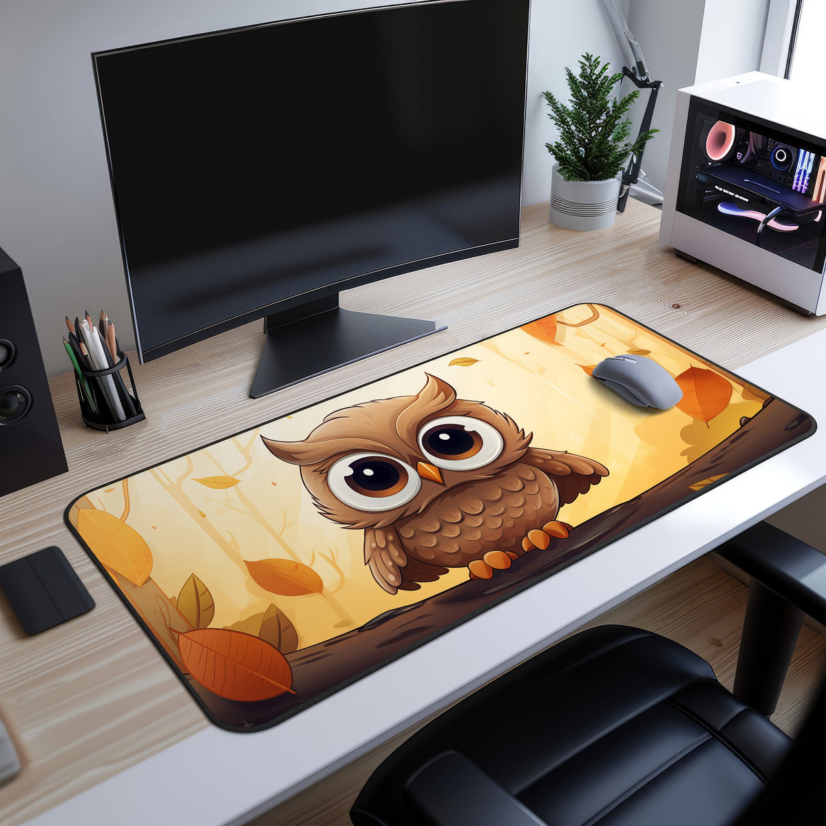 Cute Owl Autumn Desk Mat on a wooden desk under a monitor, with mouse, plant and PC beside it.