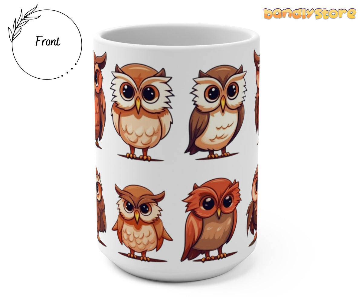 Cute Owls Mug front view on plain white background beside a Front circle label and bandiystore logo.