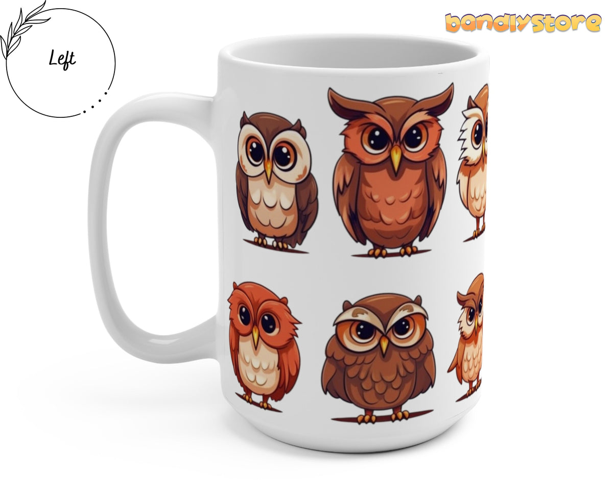 Cute Owls Mug angled on white background with handle left beside a Left label.