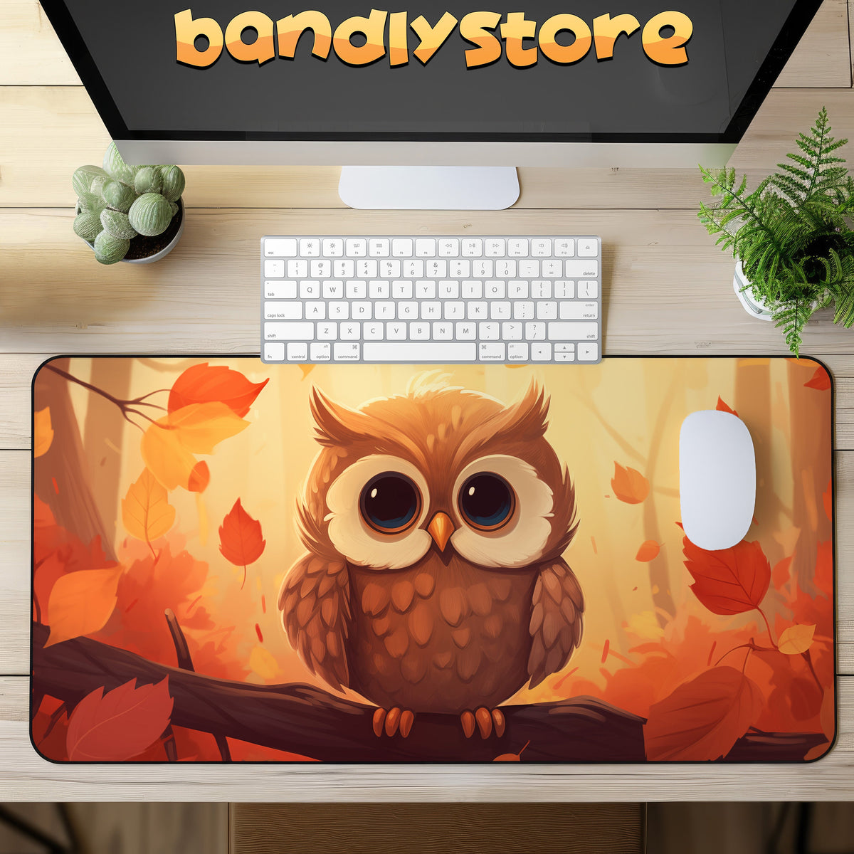 Cute Owl Desk Mat on a wooden desk in top-down view with monitor, keyboard, mouse and potted plants.