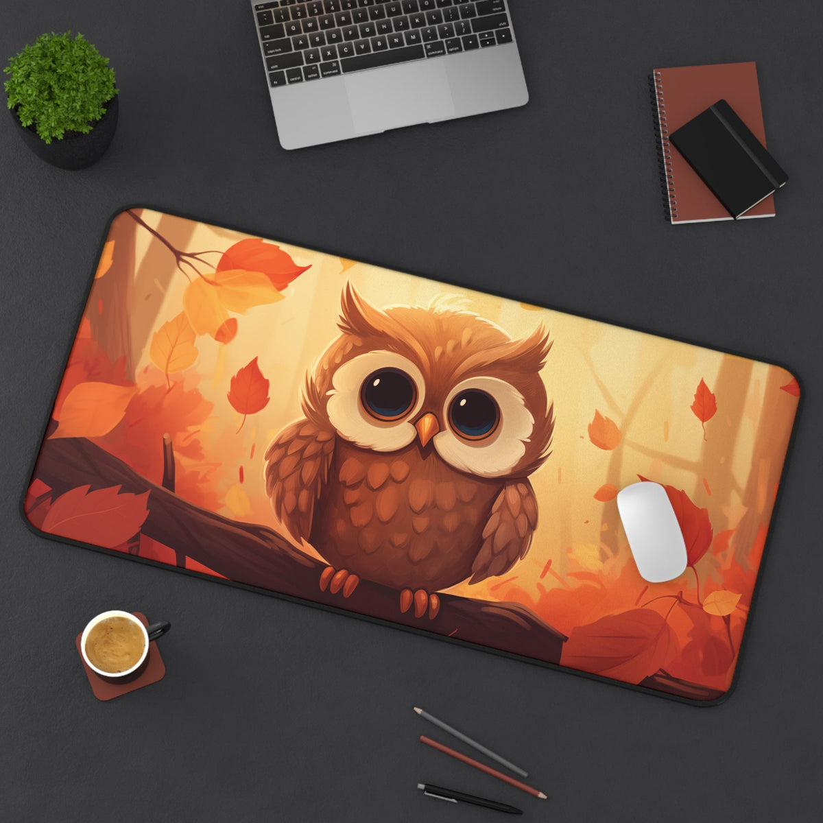 Cute Owl Desk Mat 16 × 32 inches from above on a desk with laptop, plant, coffee, notebooks, mouse and pencils.