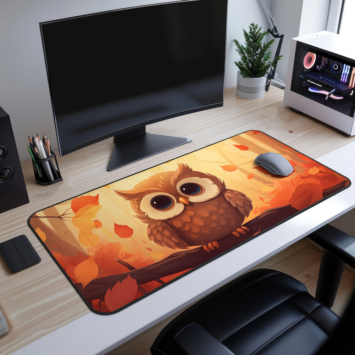 Cute Owl Desk Mat on a wooden desk below a monitor, mouse resting on it near a plant and PC case.