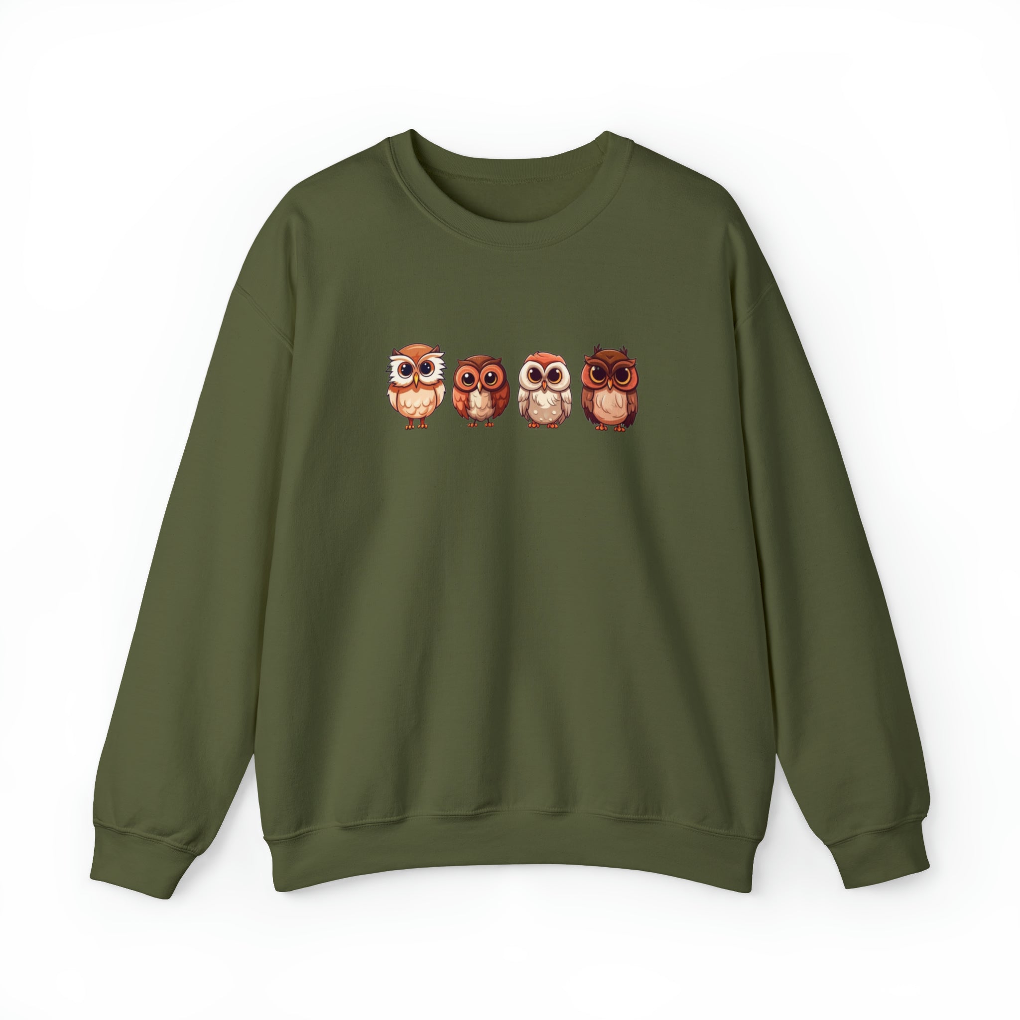 Cute Owl Friends Sweatshirt Gildan 18000 Military Green Color