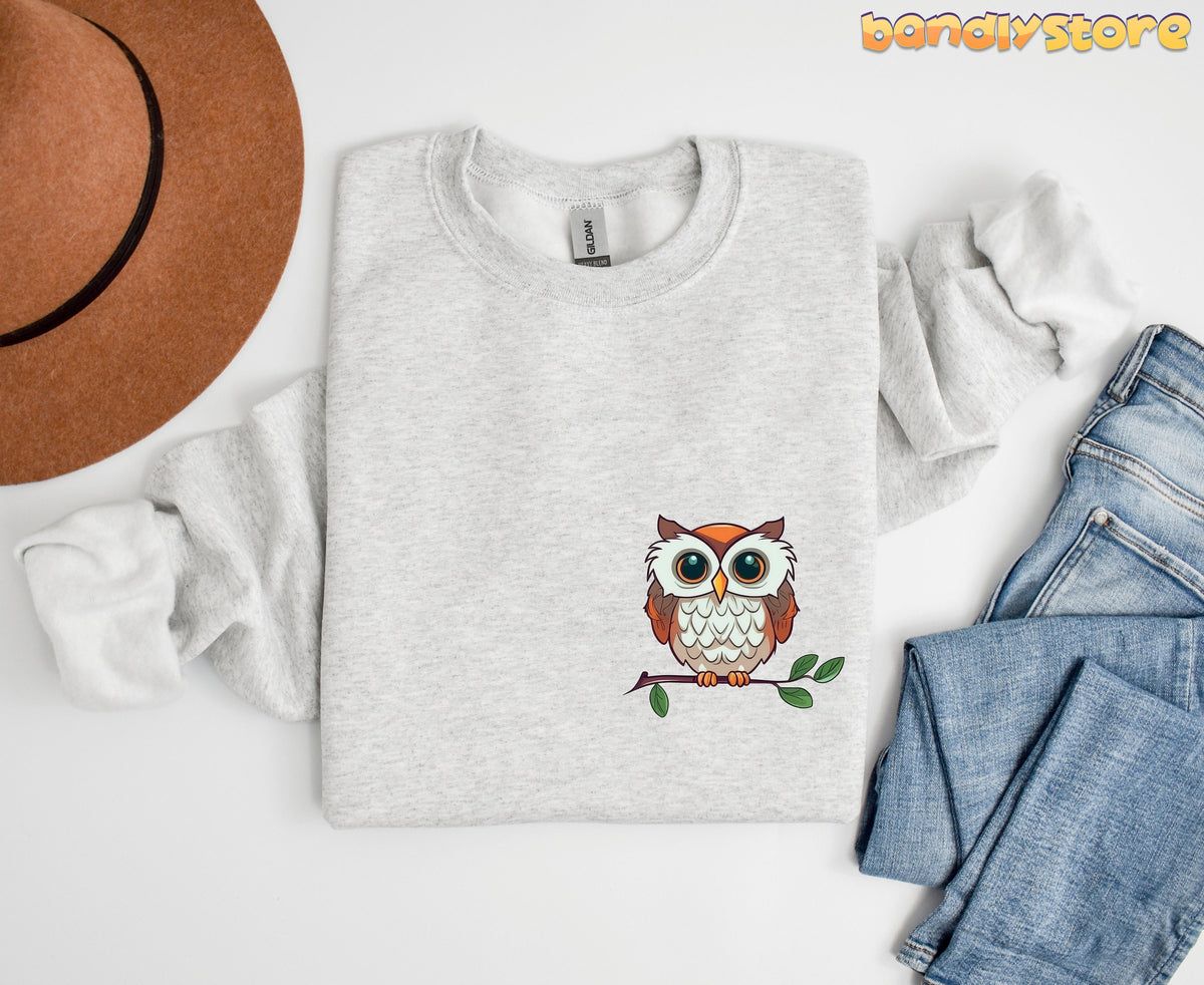 Cute Owl Sweatshirt with Pocket Design in ash, flat-laid from above beside a hat and jeans.