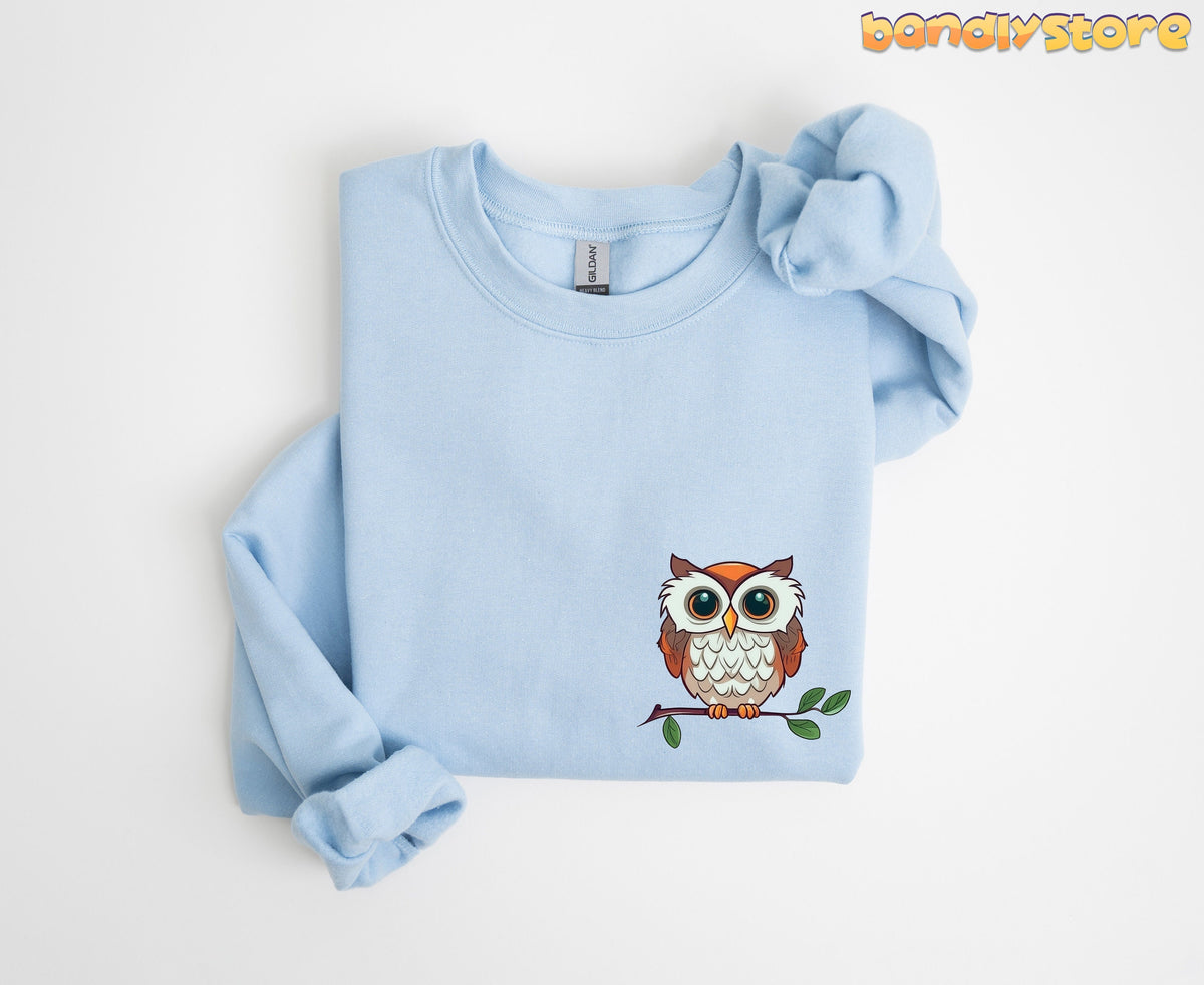 Cute Owl Sweatshirt with Pocket Design light blue sweatshirt folded flat with cartoon owl on lower right.