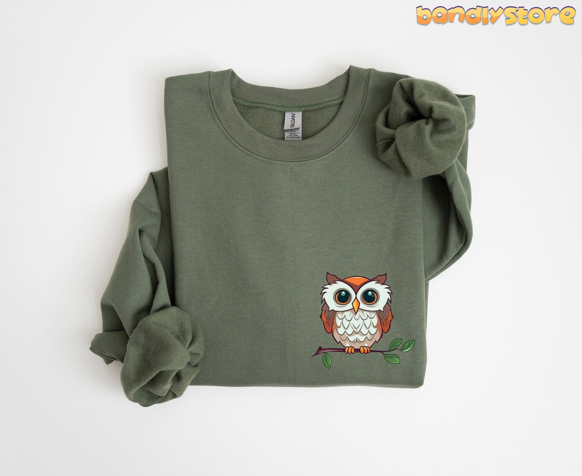 Cute Owl Sweatshirt with Pocket Design in Military Green folded flat on a plain white background.