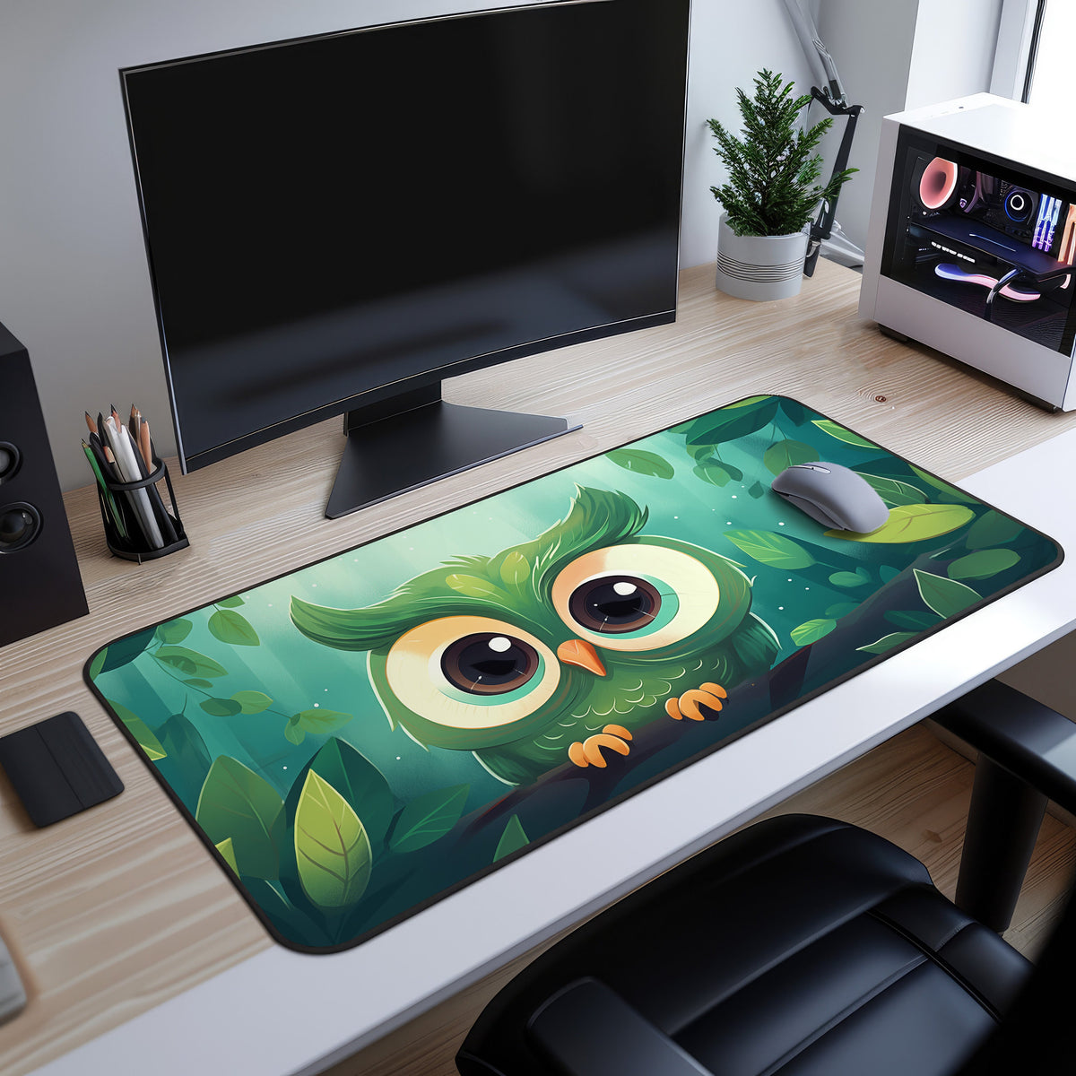 Cute Owl Desk Mat on a wooden desk beneath a monitor, with mouse, plant and PC case beside it.