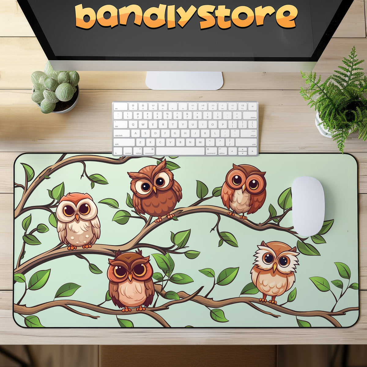Cute Owls Desk Mat on a wooden desk in top-down view with keyboard, mouse, monitor and plants.