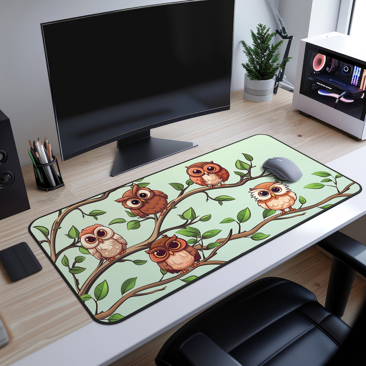 Cute Owls Desk Mat on a light wood desk under a black monitor, with a grey mouse, plant, PC and chair nearby.