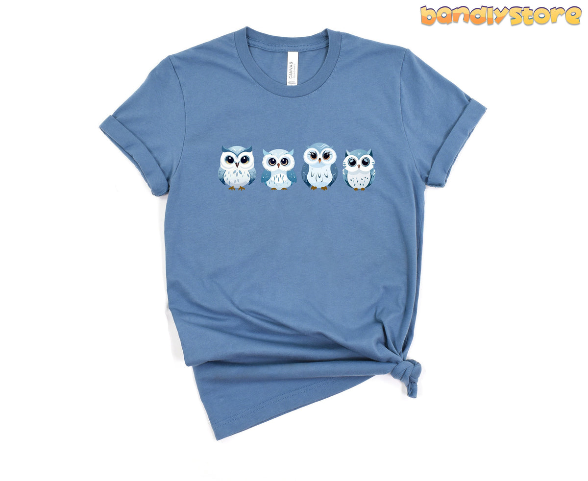 Cute Snow Owl T-Shirt in steel blue shown front-on against a plain white background.