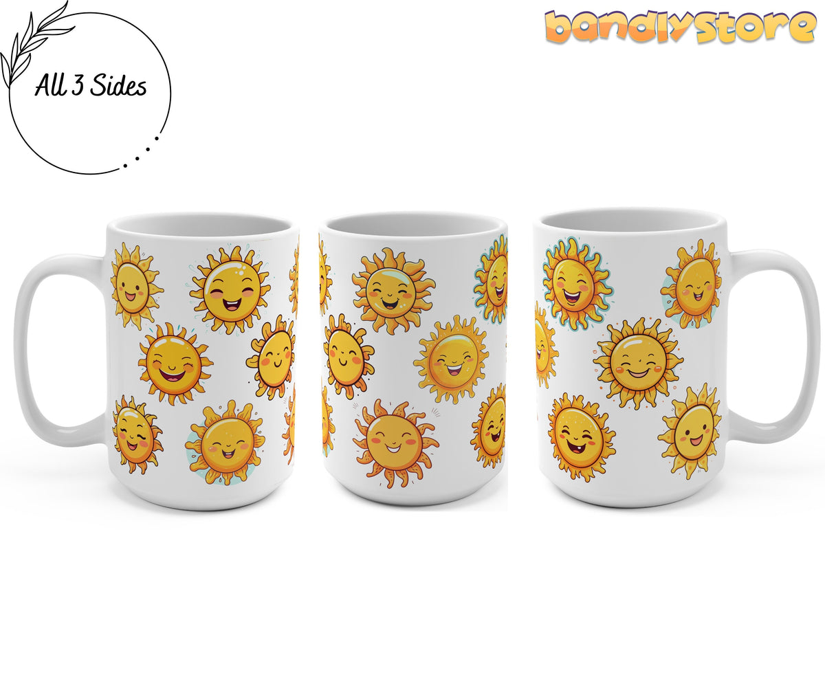 Cute Suns Mug 15oz shown from three angles on a plain background displaying sun designs on all sides.