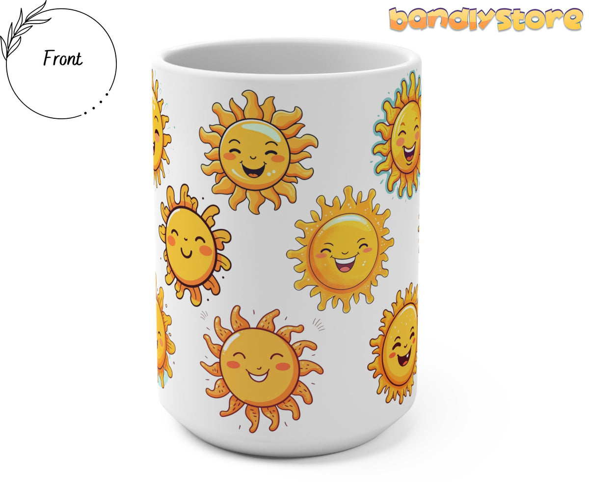 Cute Suns Mug viewed from the front against a plain white background next to a Front label.