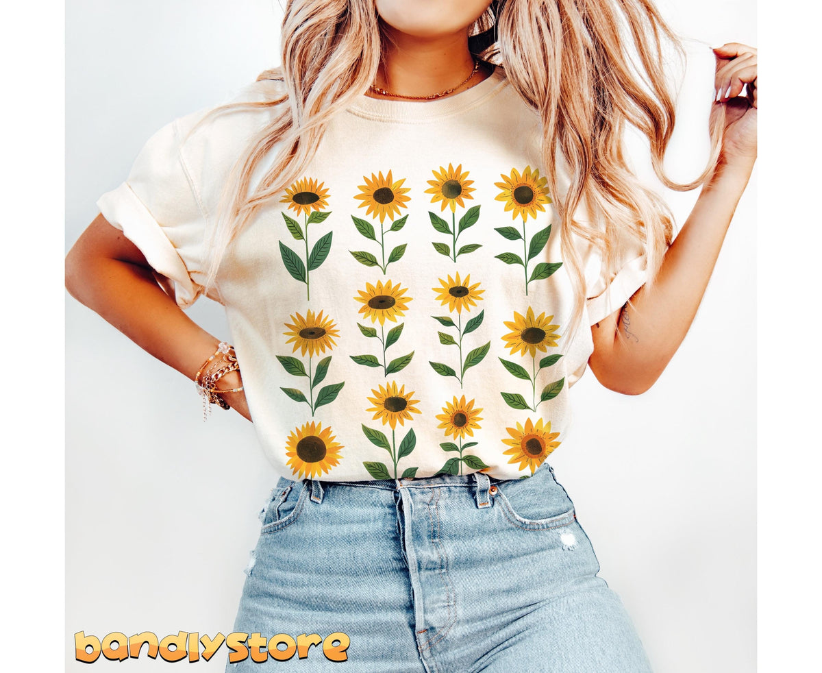 Cute Sunflower T-Shirt in ivory on a model facing forward against a plain white backdrop.