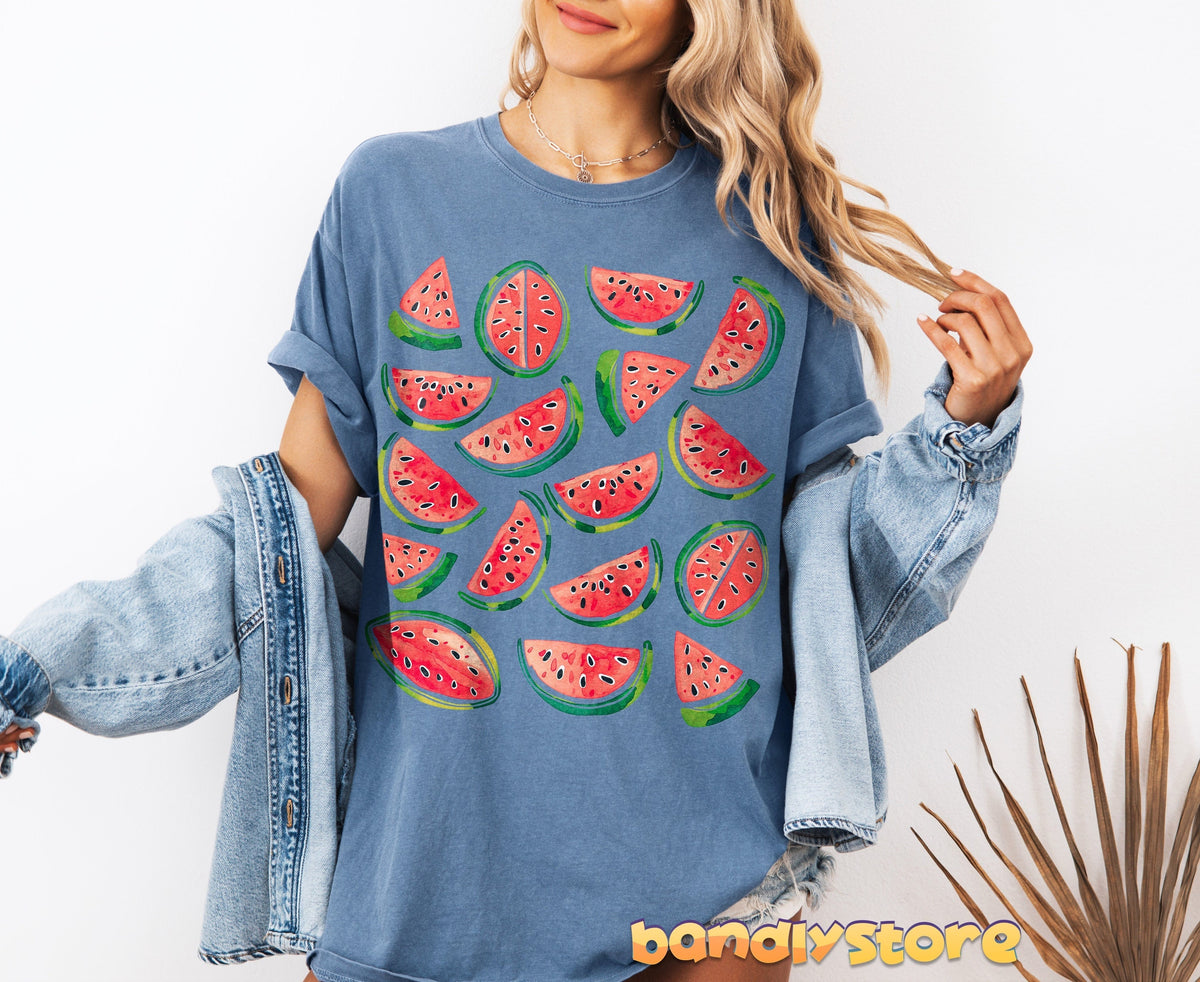 Cute Watermelon T-Shirt in blue jean front view on model with denim jacket against white background.