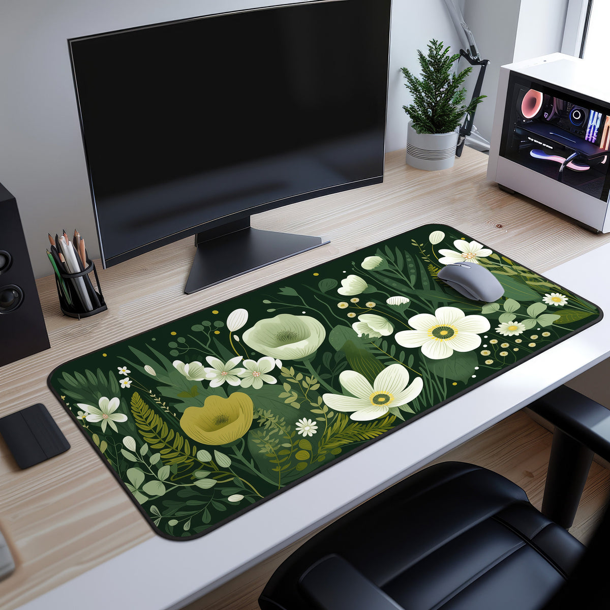 Dark Floral Desk Mat angled on a wooden desk below a monitor, beside a mouse, plant and PC case.