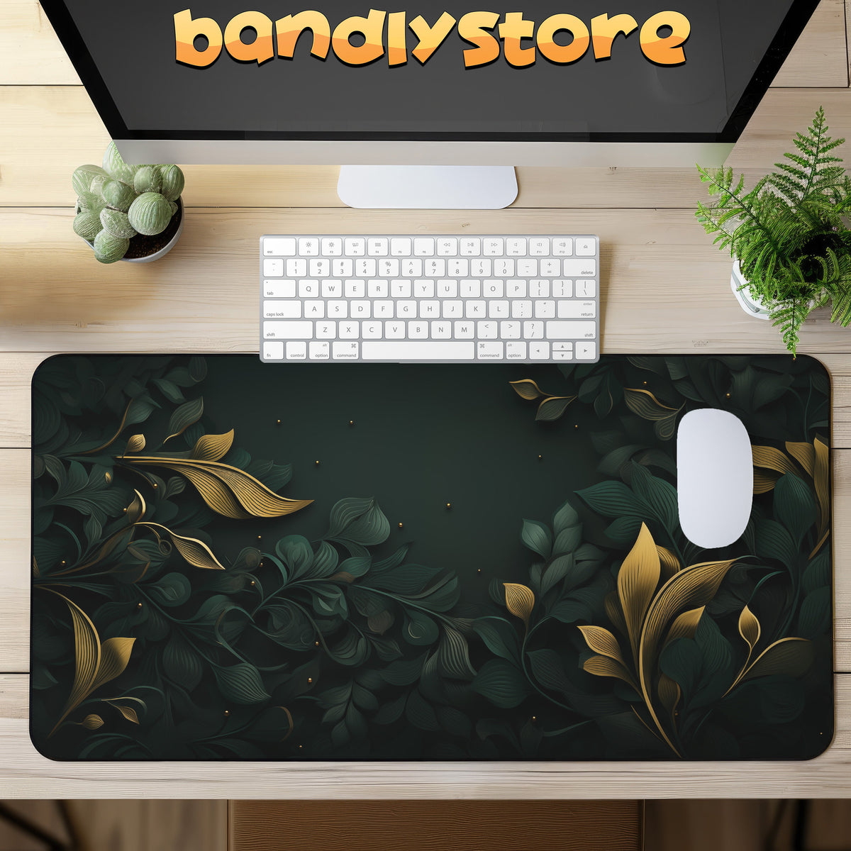 Botanical Leaves Desk Mat in overhead desk view with keyboard, mouse, monitor and potted plants.