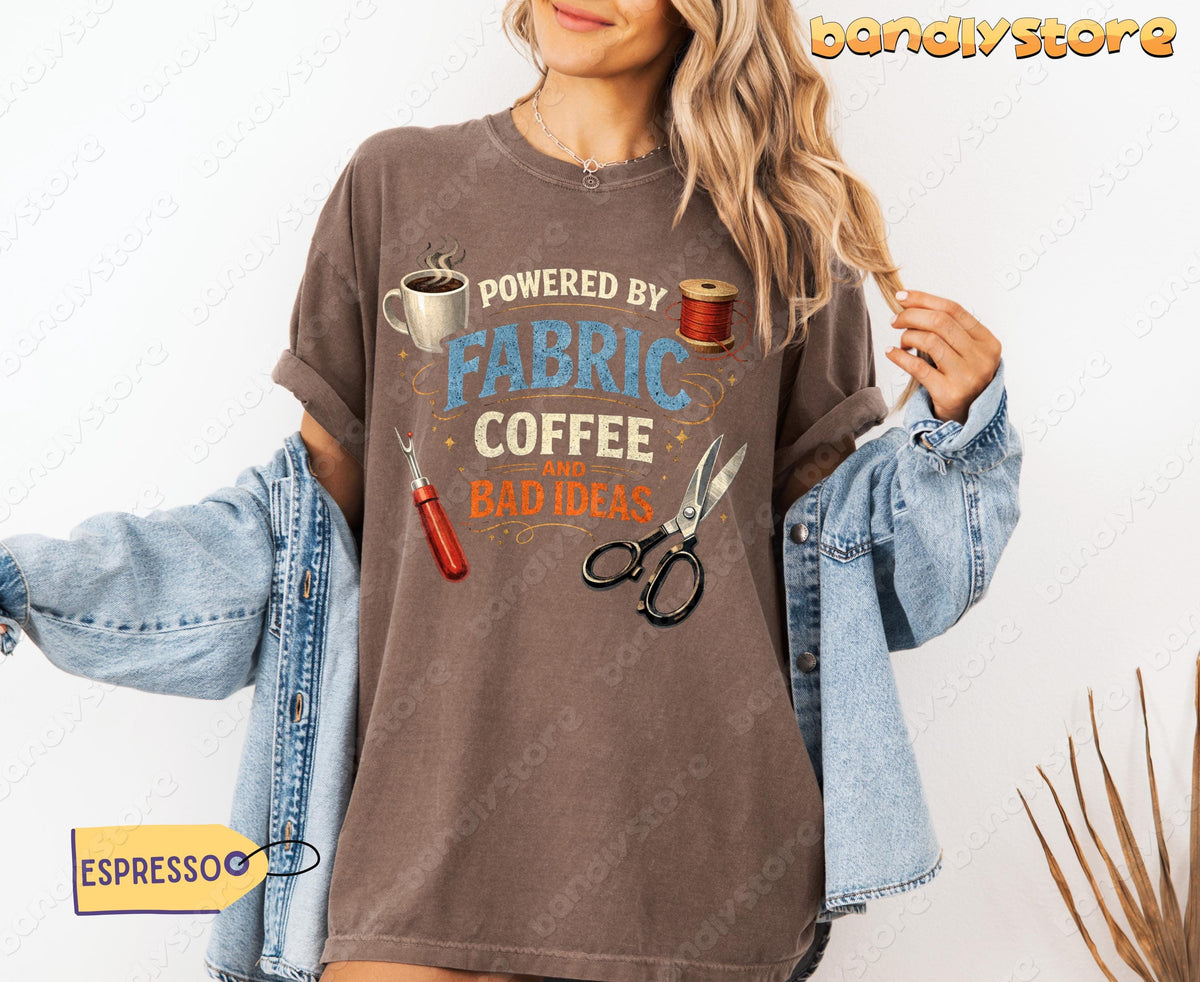 Powered By Fabric, Coffee And Bad Ideas T-Shirt in espresso on person with denim jacket, front view by white wall.