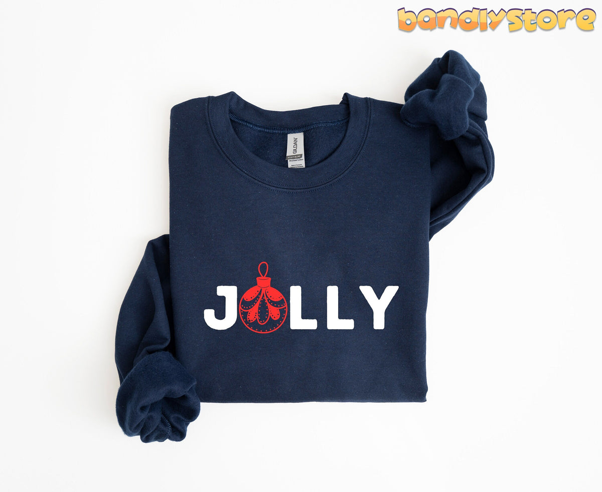 Feeling Jolly Christmas Sweatshirt navy folded flat on plain white background.