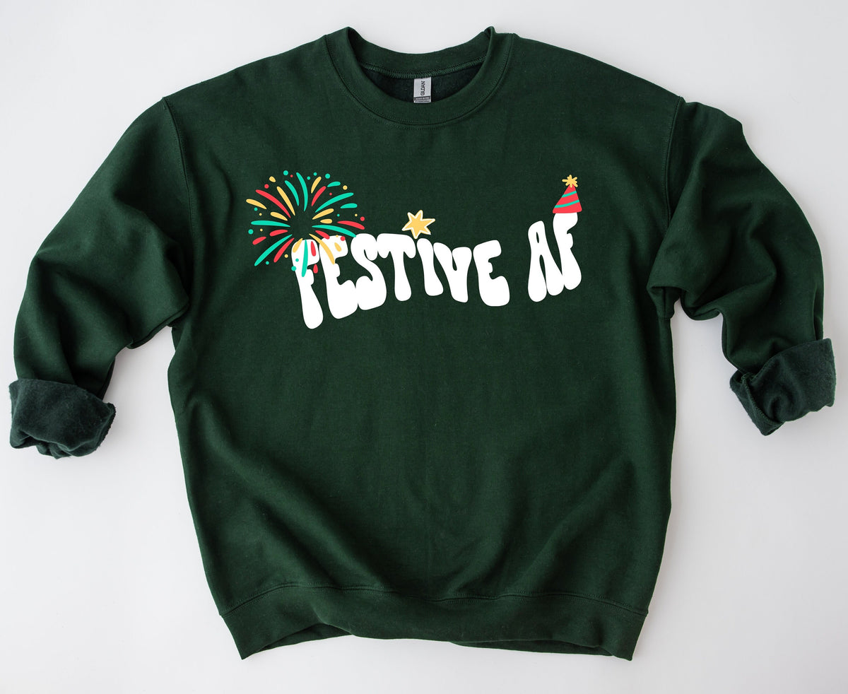 Festive AF Sweatshirt in forest green laid flat from above on a plain white background.