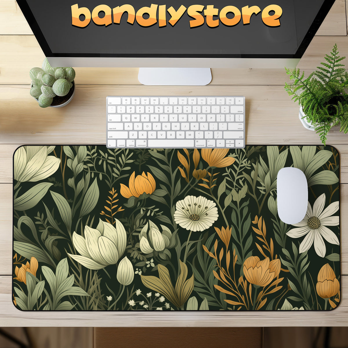 Floral Vintage Cottagecore Desk Mat on wooden desk with monitor, keyboard, mouse and plants in overhead view.