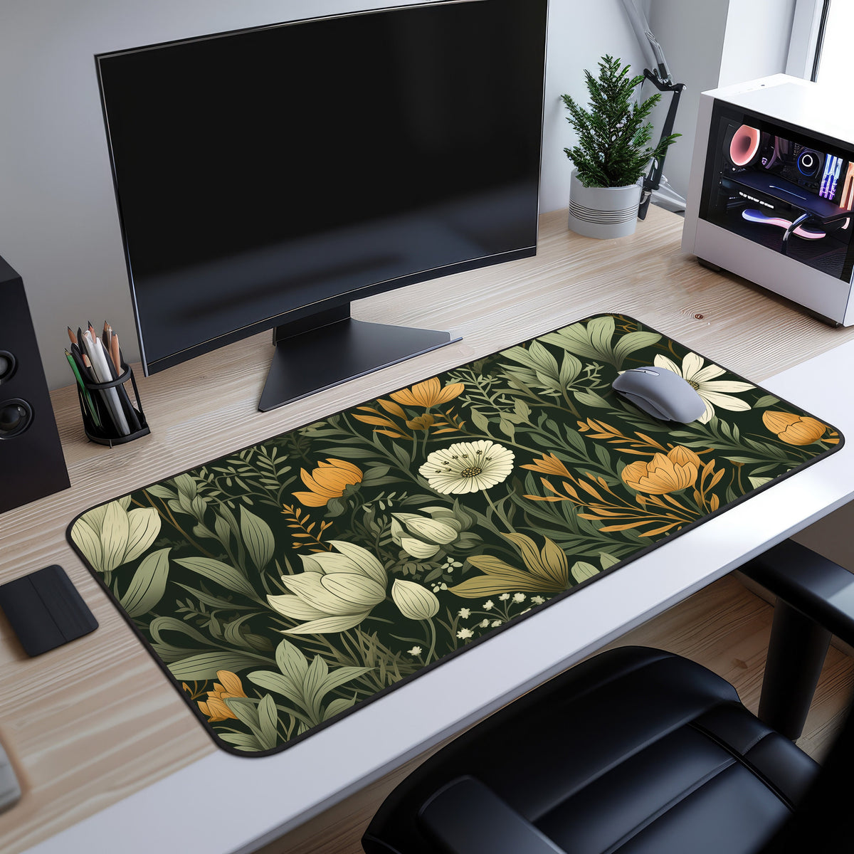 Floral Vintage Cottagecore Desk Mat covering a desk under a monitor, with mouse, plant and computer visible from high angle.