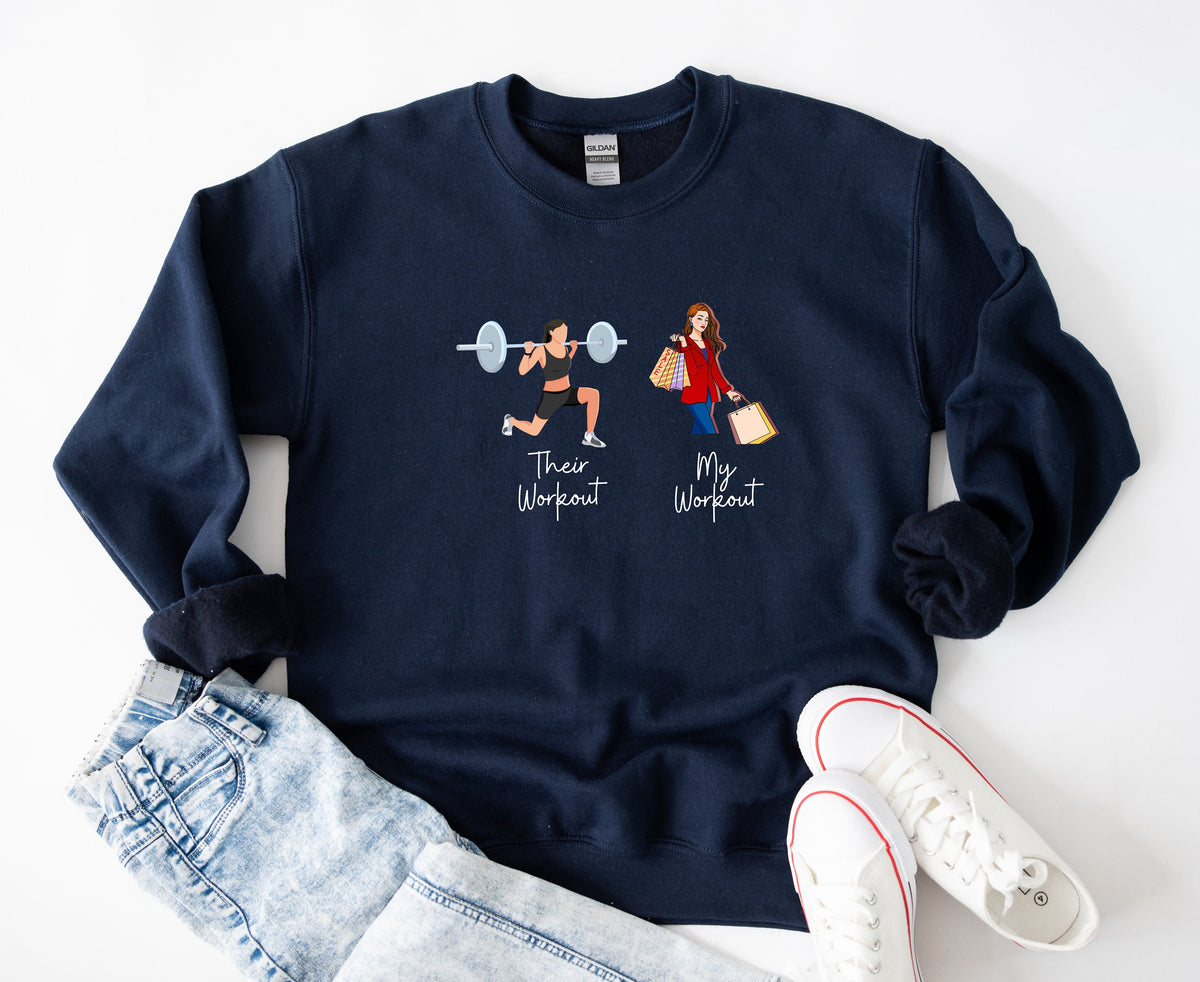Funny Fitness Sweatshirt in navy flat-laid from above on white beside jeans and sneakers.