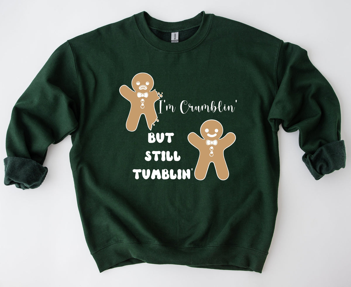 Funny Gingerbread Man Sweatshirt in forest green, flat lay front view on white, two gingerbread figures and tumbling text.