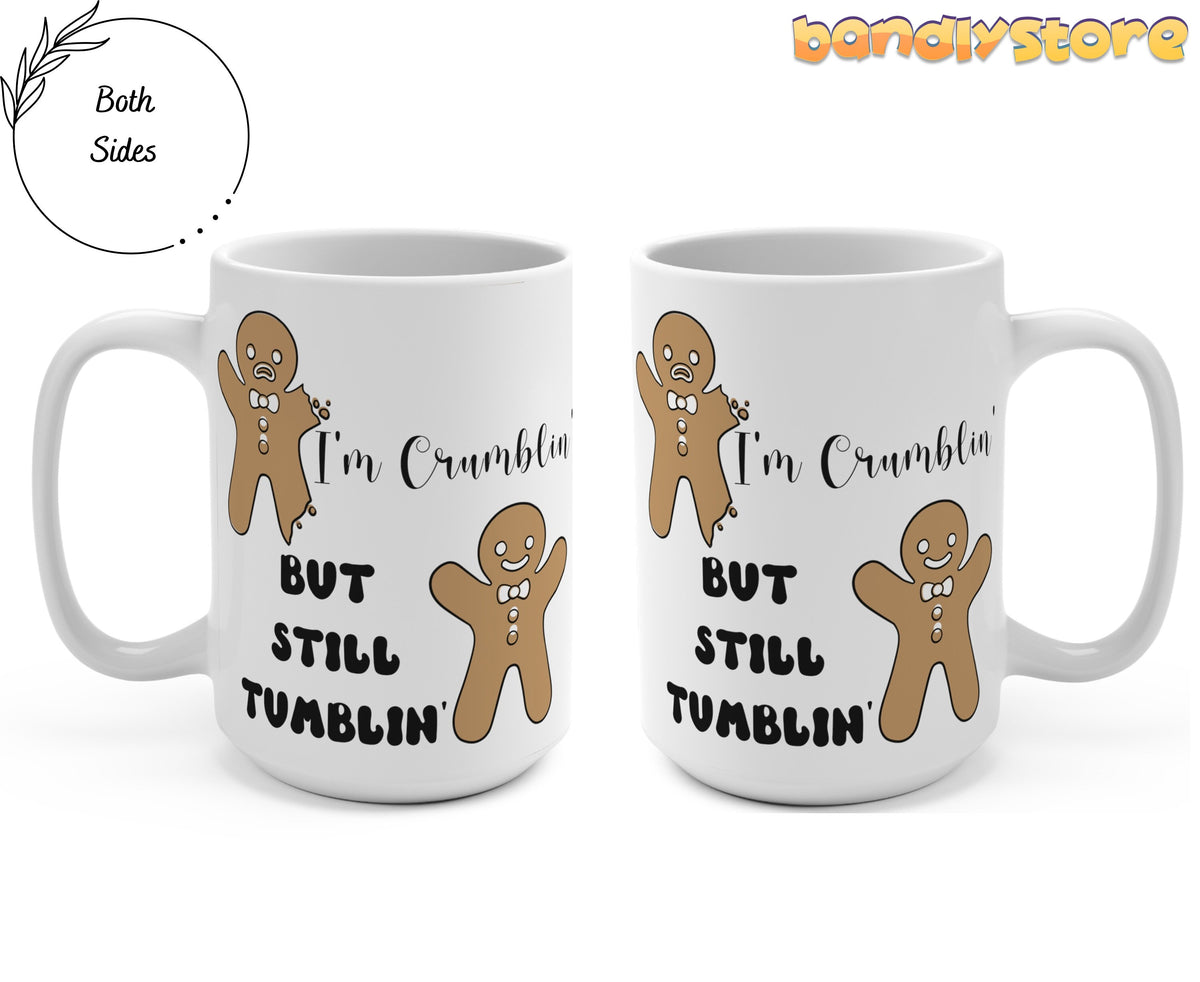 Funny Gingerbread Man Mug two 15oz pieces side by side on white background from front angles.